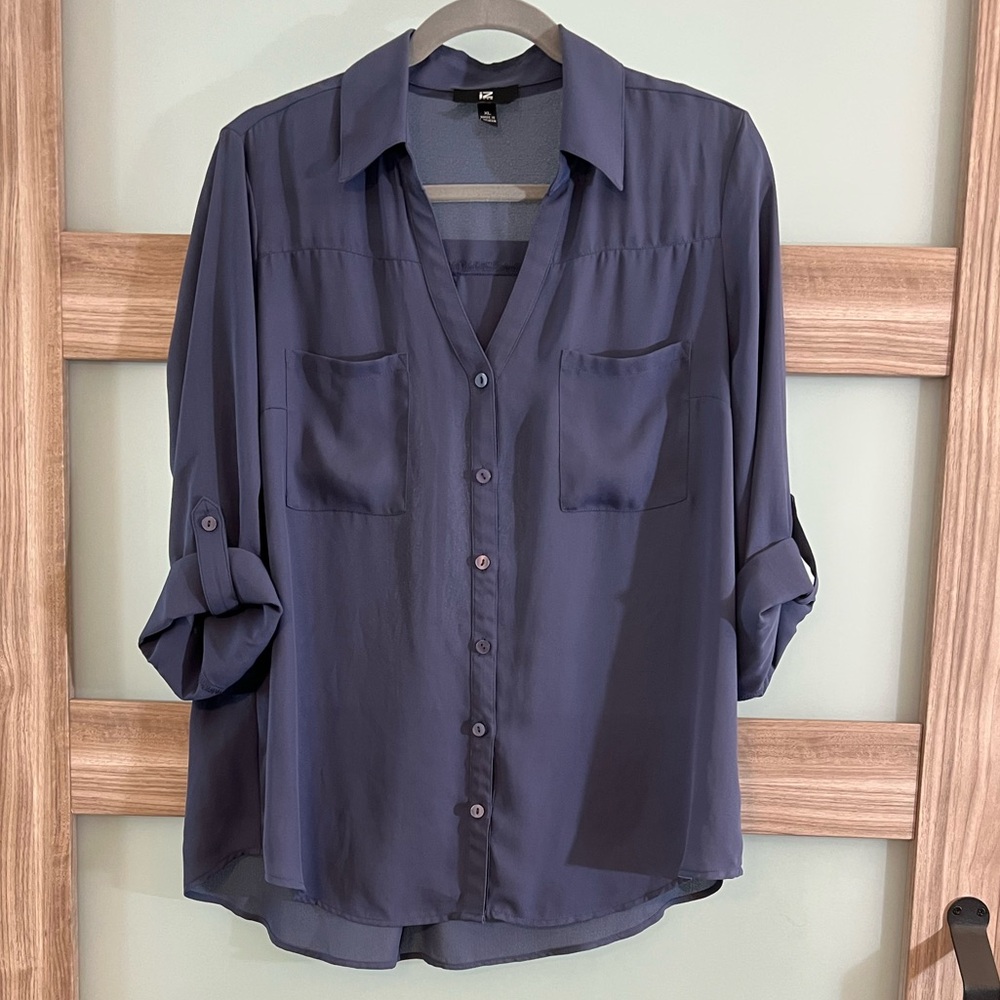 IZ Byer | Slate Blue Roll Tab Shirt with 3/4 Sleeves | Size Large